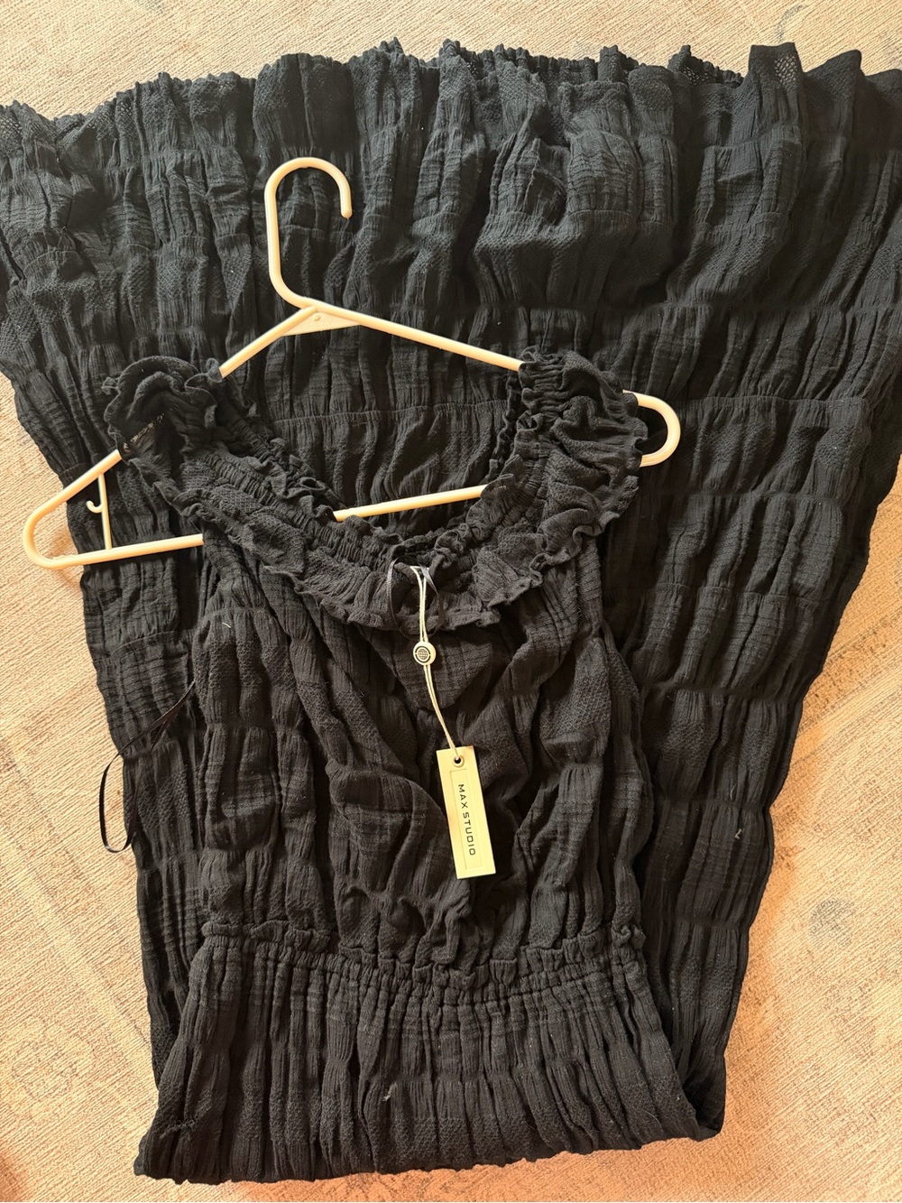 NWT Max Studio Black Crinkle Maxi Dress with Ruffle Neckline